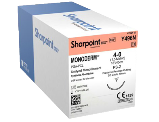 Sharpoint Monoderm Sutures Y494N Undyed, 4-0, 18"/45cm, Precision Reverse Cutting, 13mm, 3/8 Circle
