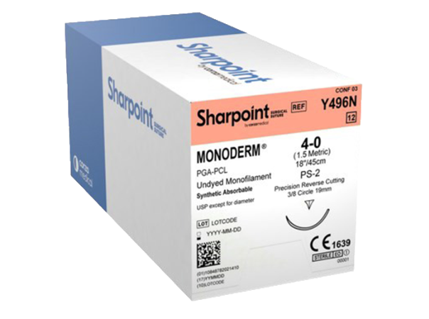 Sharpoint Monoderm Sutures Y493N Undyed; 5-0; 18/45cm; Precision Reverse Cutting; 13mm; 3/8 Circle